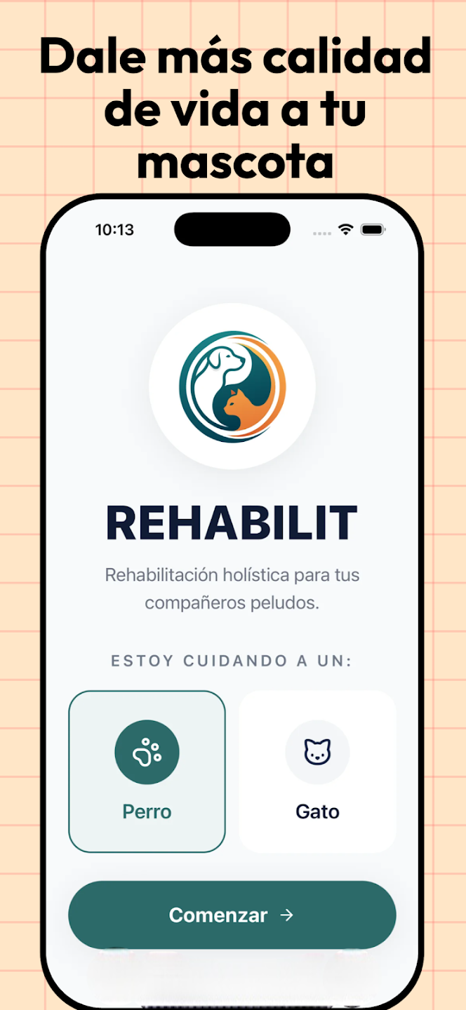 Pantalla de bienvenida de Rehabilit Pet
